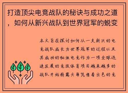 打造顶尖电竞战队的秘诀与成功之道，如何从新兴战队到世界冠军的蜕变之路