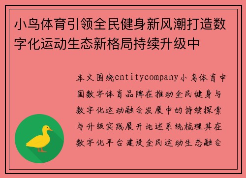 小鸟体育引领全民健身新风潮打造数字化运动生态新格局持续升级中